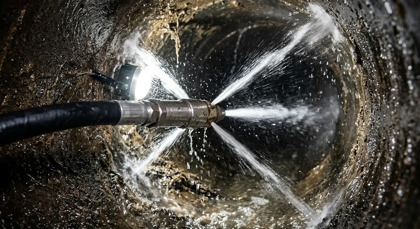 High-pressure hydro jetting nozzle cleaning sewer pipe for Emergency Drain Service in Readington
