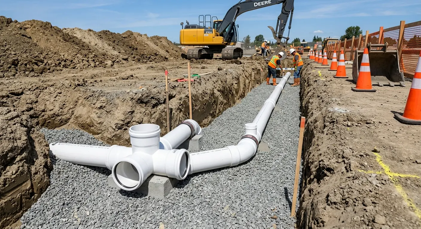 New PVC sewer pipe installation in open trench for Sewer Backup in Readington