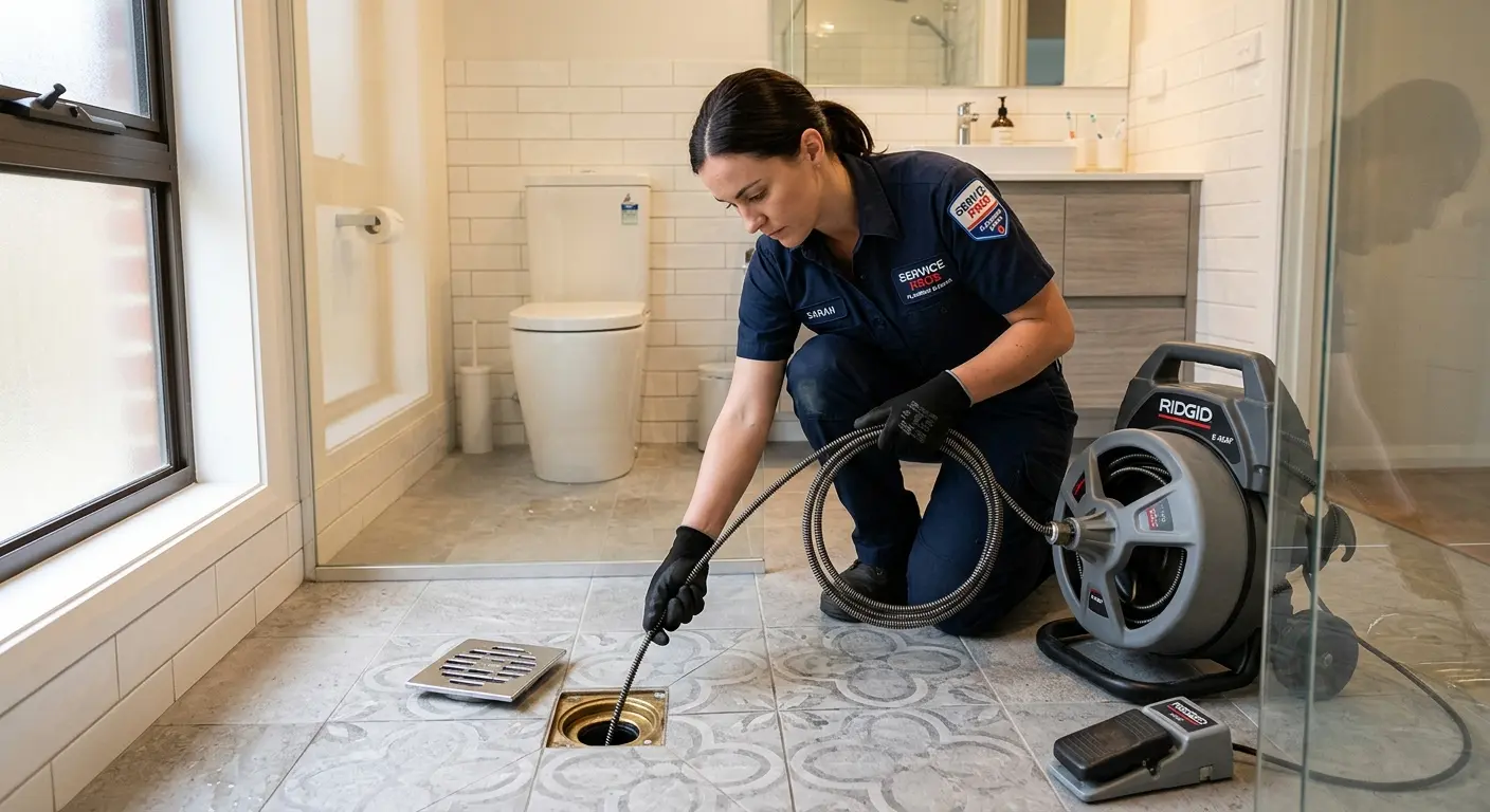 Technician clearing a bathroom floor drain for Sewer Line Replacement in Readington